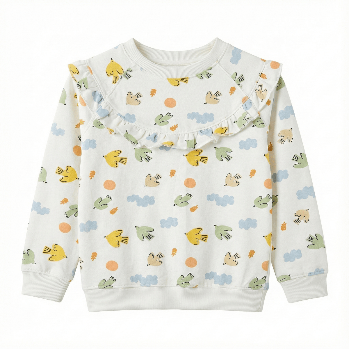 Girls Cream Ruffle Collar Sweatshirt - Cute Bird & Cloud Allover Print (BG-000053)