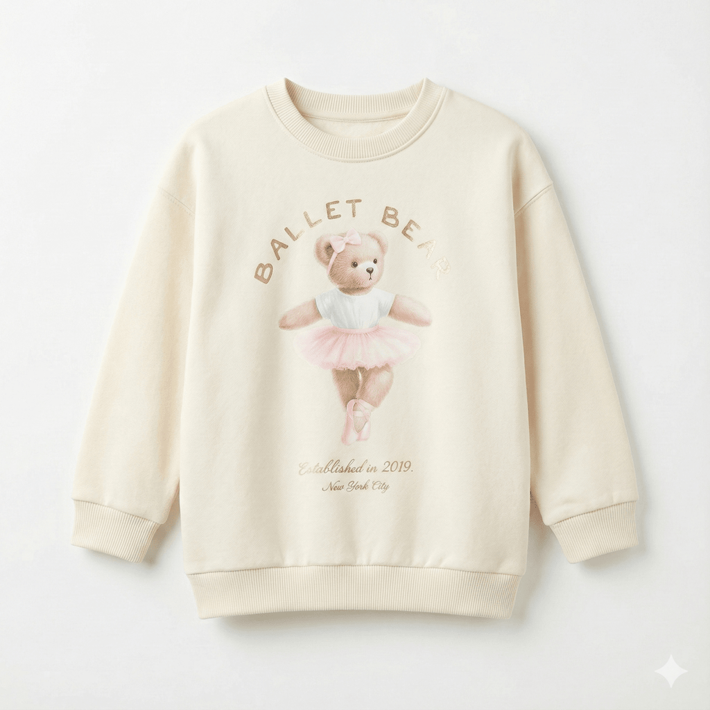 Girls Cream Sweatshirt - Cute "Ballet Bear" Graphic with Gold Foil Text (BG-000054)