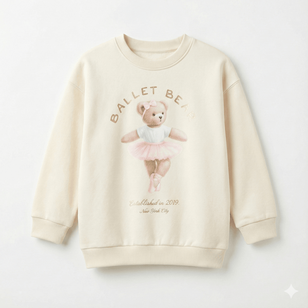 Girls Cream Sweatshirt - Cute "Ballet Bear" Graphic with Gold Foil Text (BG-000054)