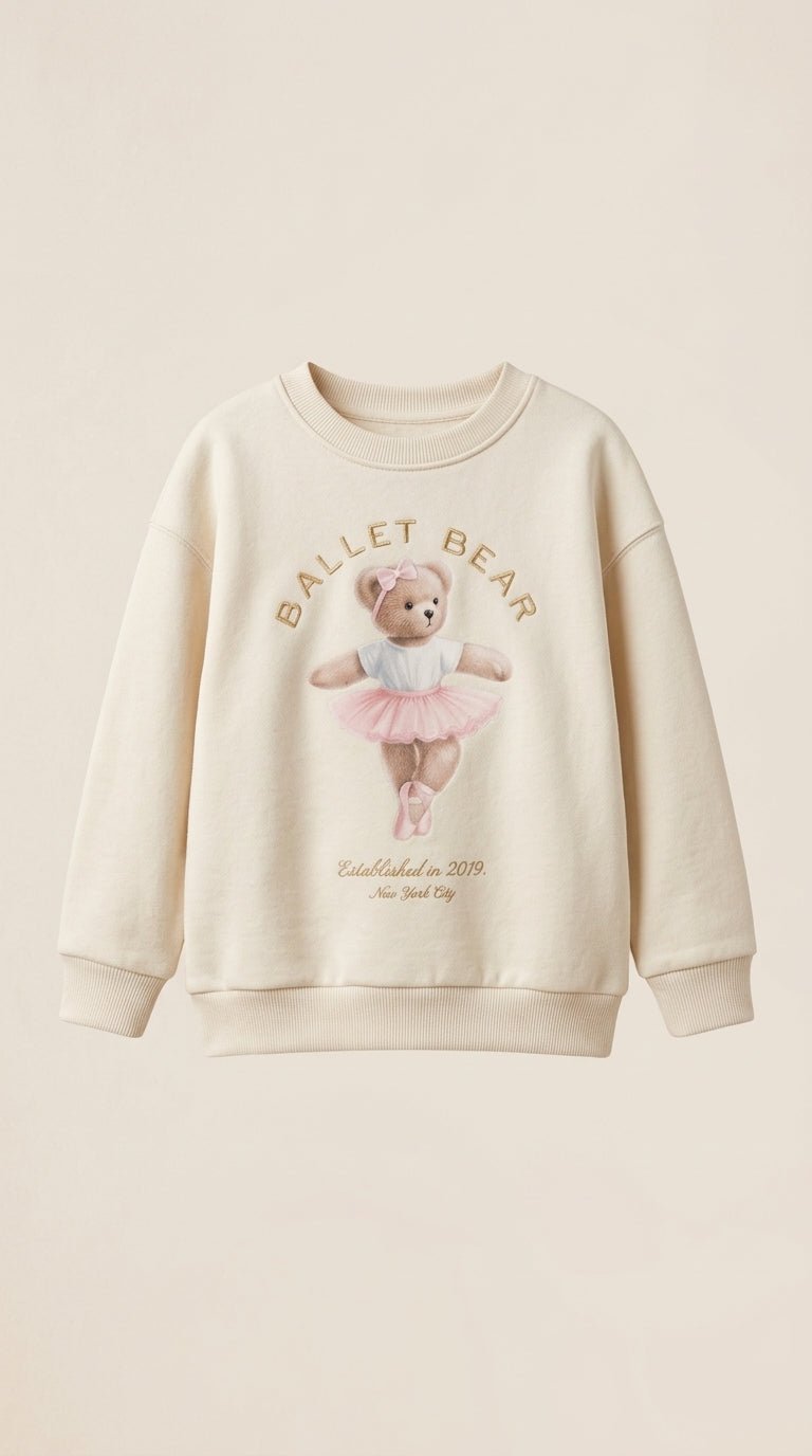 Girls Cream Sweatshirt - Cute "Ballet Bear" Graphic with Gold Foil Text (BG-000054)