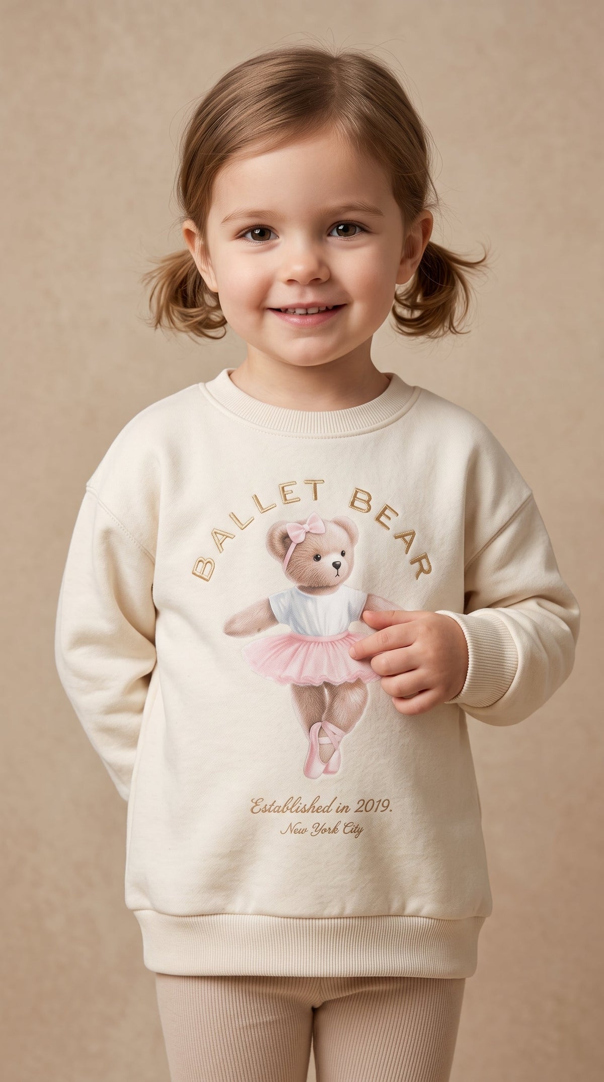 Girls Cream Sweatshirt - Cute "Ballet Bear" Graphic with Gold Foil Text (BG-000054)
