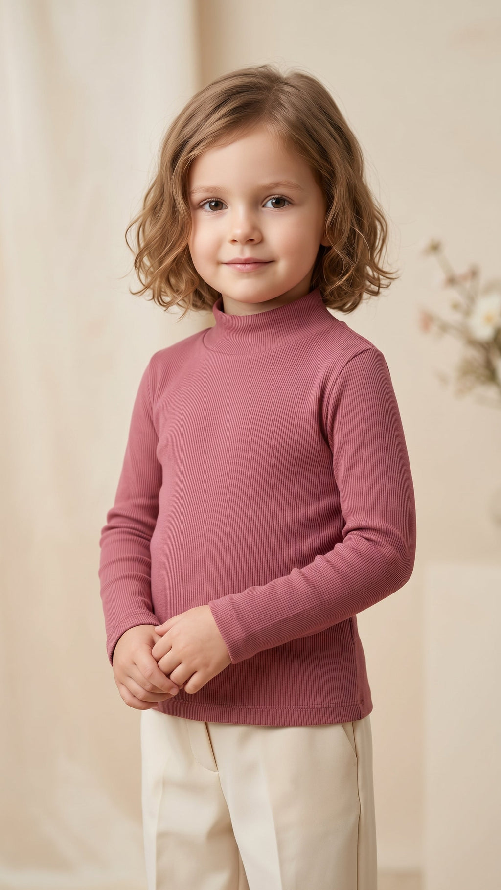 Girls Dusty Rose Ribbed Mock-Neck Long-Sleeve Top (BG-000970)
