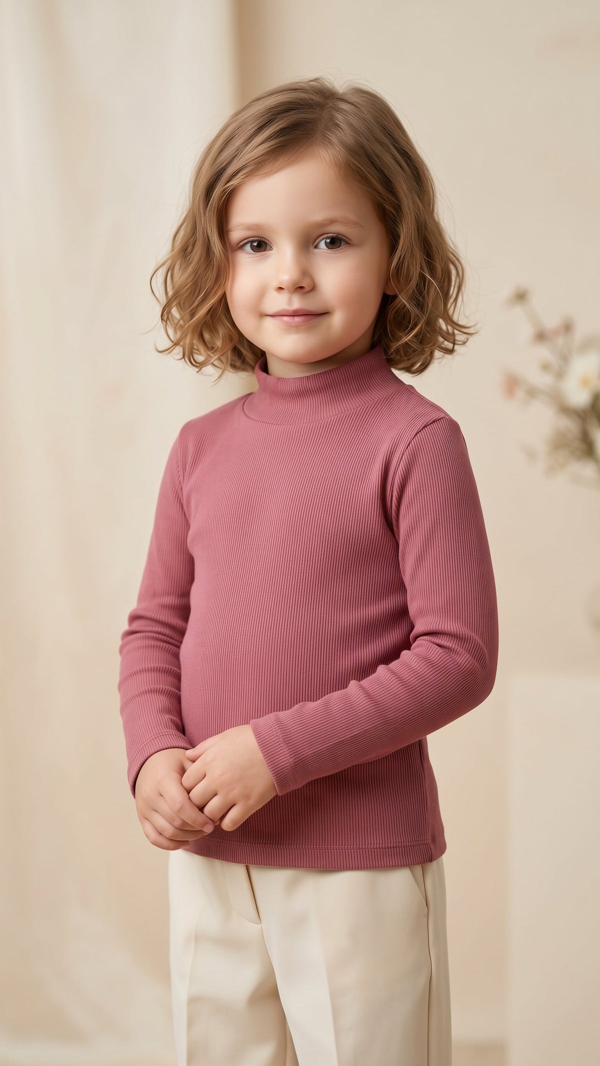 Girls Dusty Rose Ribbed Mock-Neck Long-Sleeve Top (BG-000970)