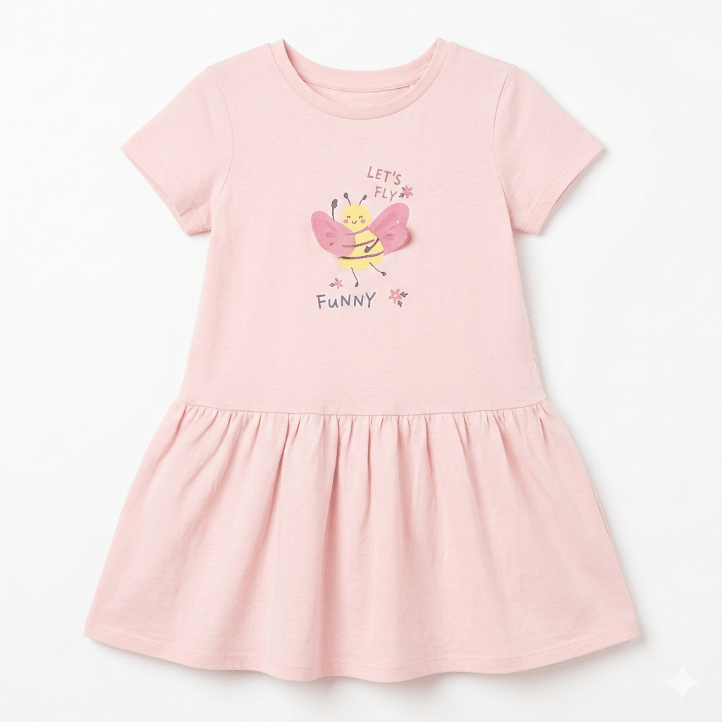 Girls Light Pink Short-Sleeve Frock with Bee Graphic Print and  Lets Fly Funny Text (BG-000394)