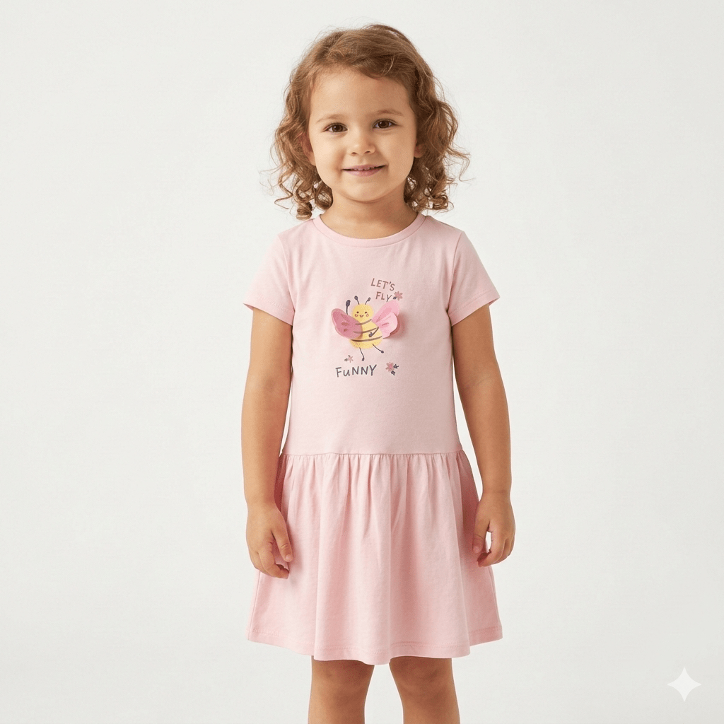 Girls Light Pink Short-Sleeve Frock with Bee Graphic Print and  Lets Fly Funny Text (BG-000394)