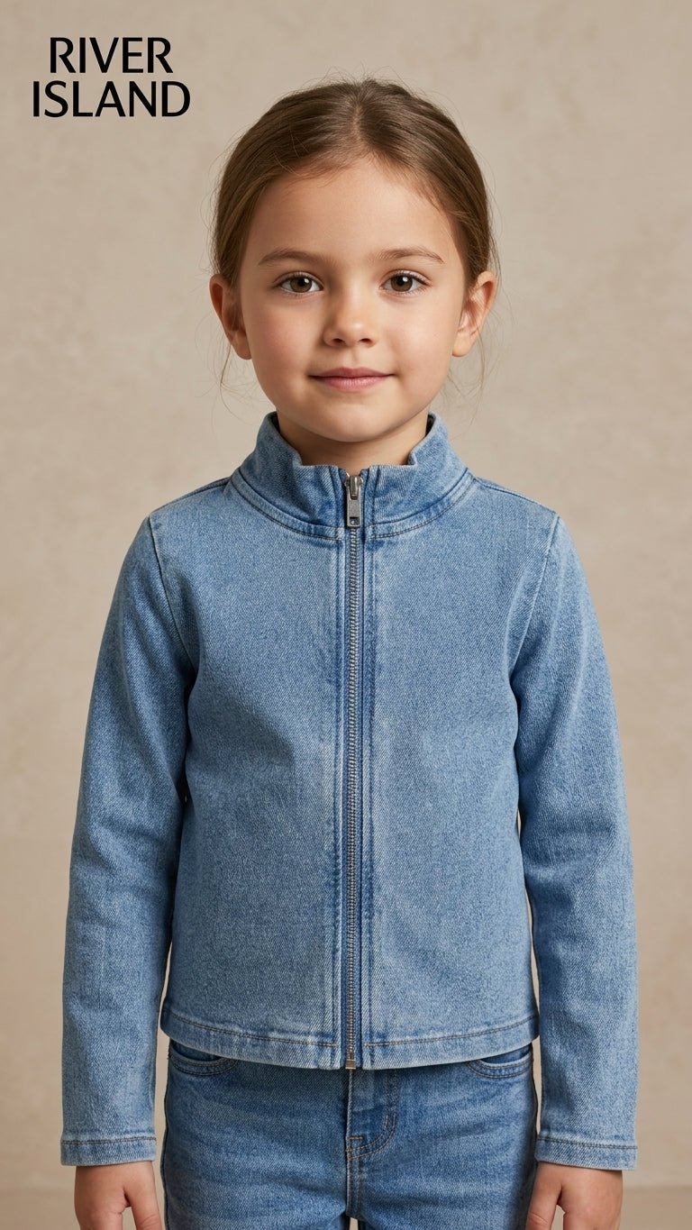 Girls Light Wash Denim Zip-Up Jacket River Island (BG-000938)