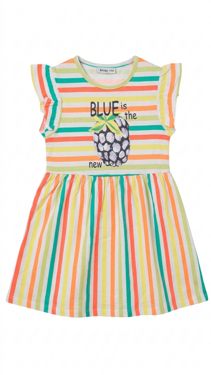 Girls Multi-color Striped Dress with Berry Illustration (BG-000384)