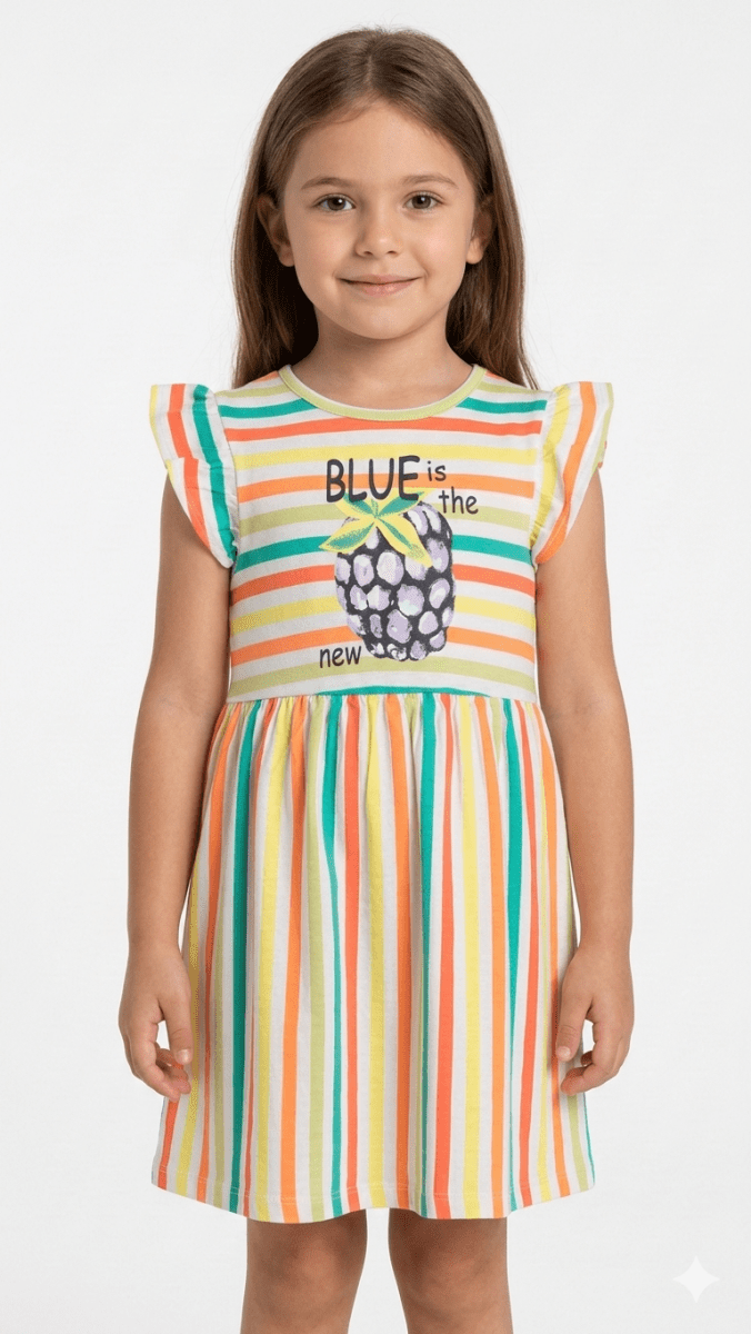 Girls Multi-color Striped Dress with Berry Illustration (BG-000384)
