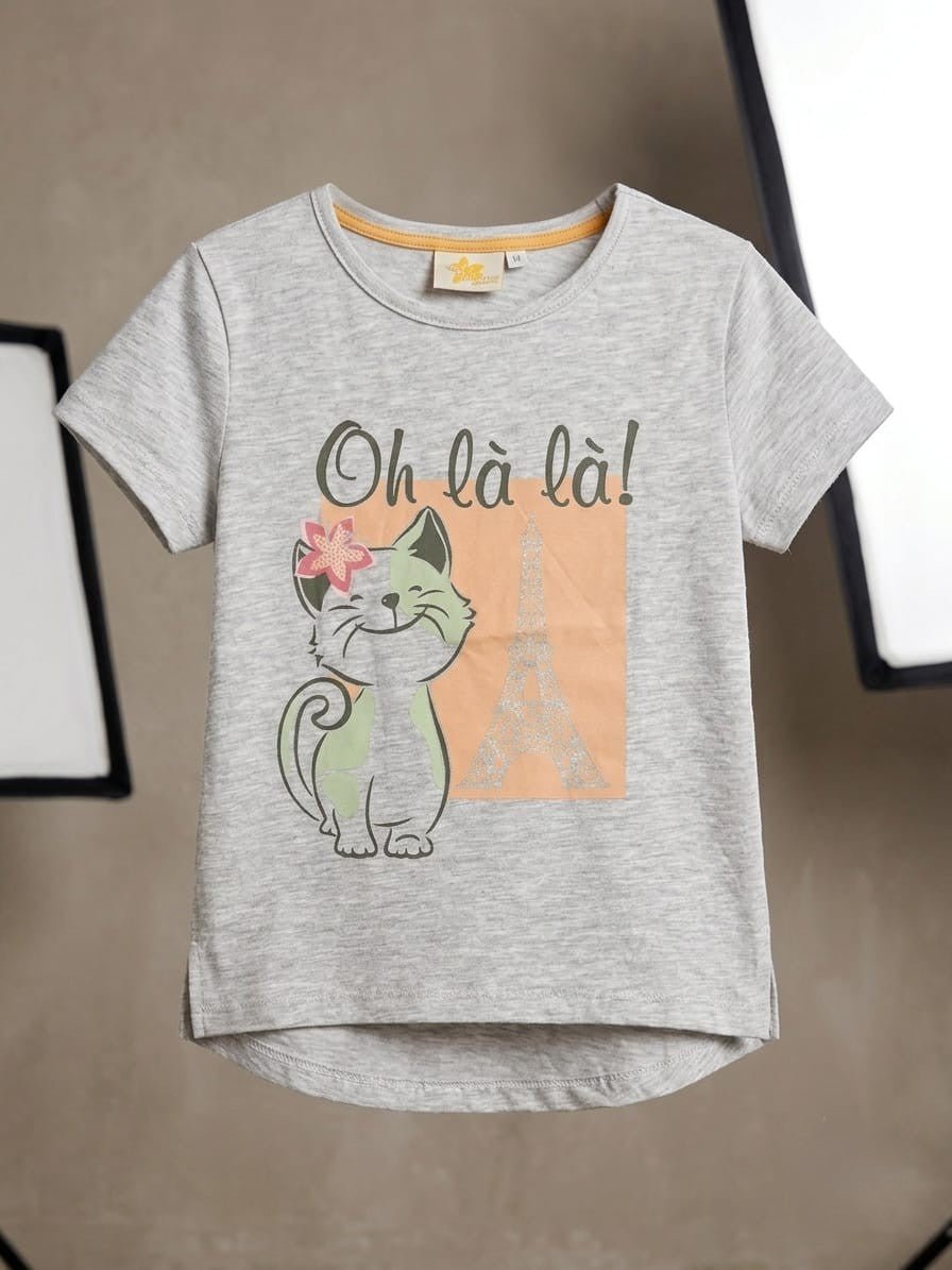 Girls' "Oh Là Là!" Parisian Cat Graphic Tee - Heather Grey (BG-000440) - blouse