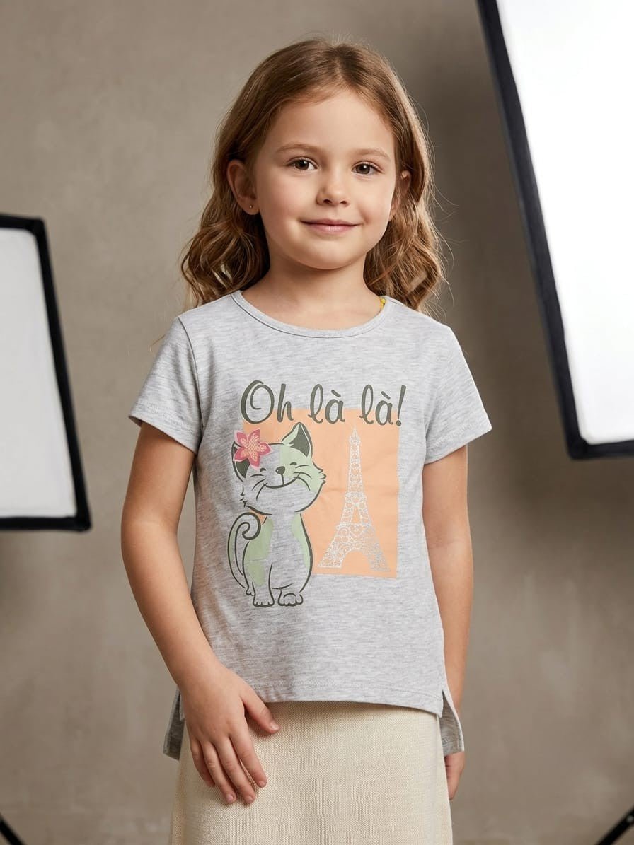 Girls' "Oh Là Là!" Parisian Cat Graphic Tee - Heather Grey (BG-000440) - blouse