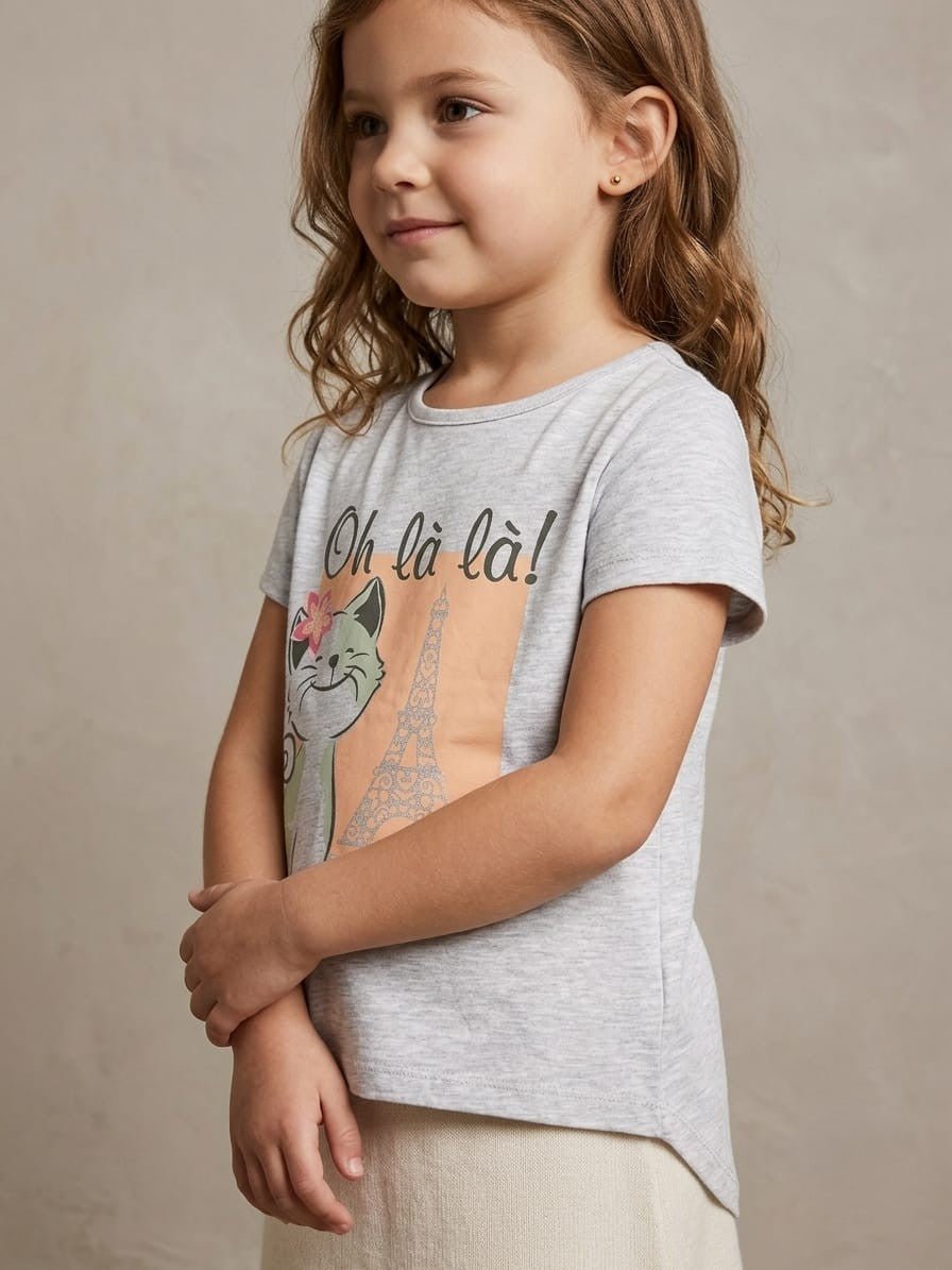 Girls' "Oh Là Là!" Parisian Cat Graphic Tee - Heather Grey (BG-000440) - blouse