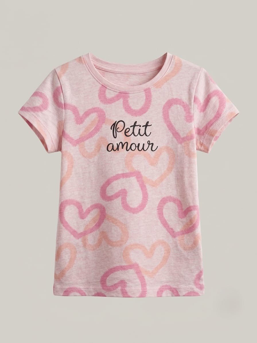 Girls' "Petit Amour" Heart Print Short Sleeve T-Shirt - Pink (BG-000442) - blouse