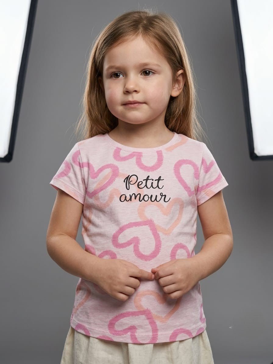 Girls' "Petit Amour" Heart Print Short Sleeve T-Shirt - Pink (BG-000442) - blouse