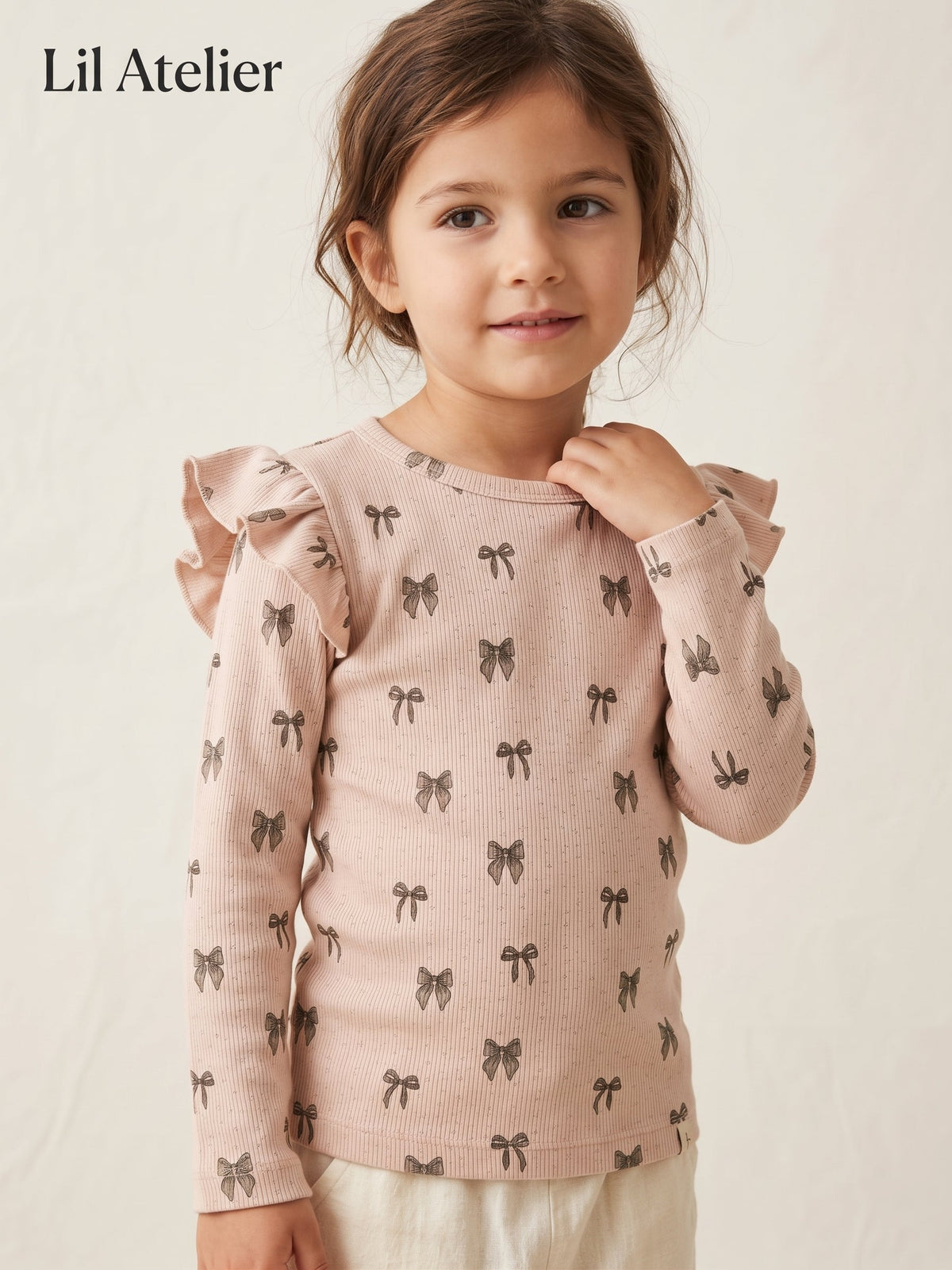 Girls Pink Bow Print Long Sleeve Top Lil Atelier (BG-000949)
