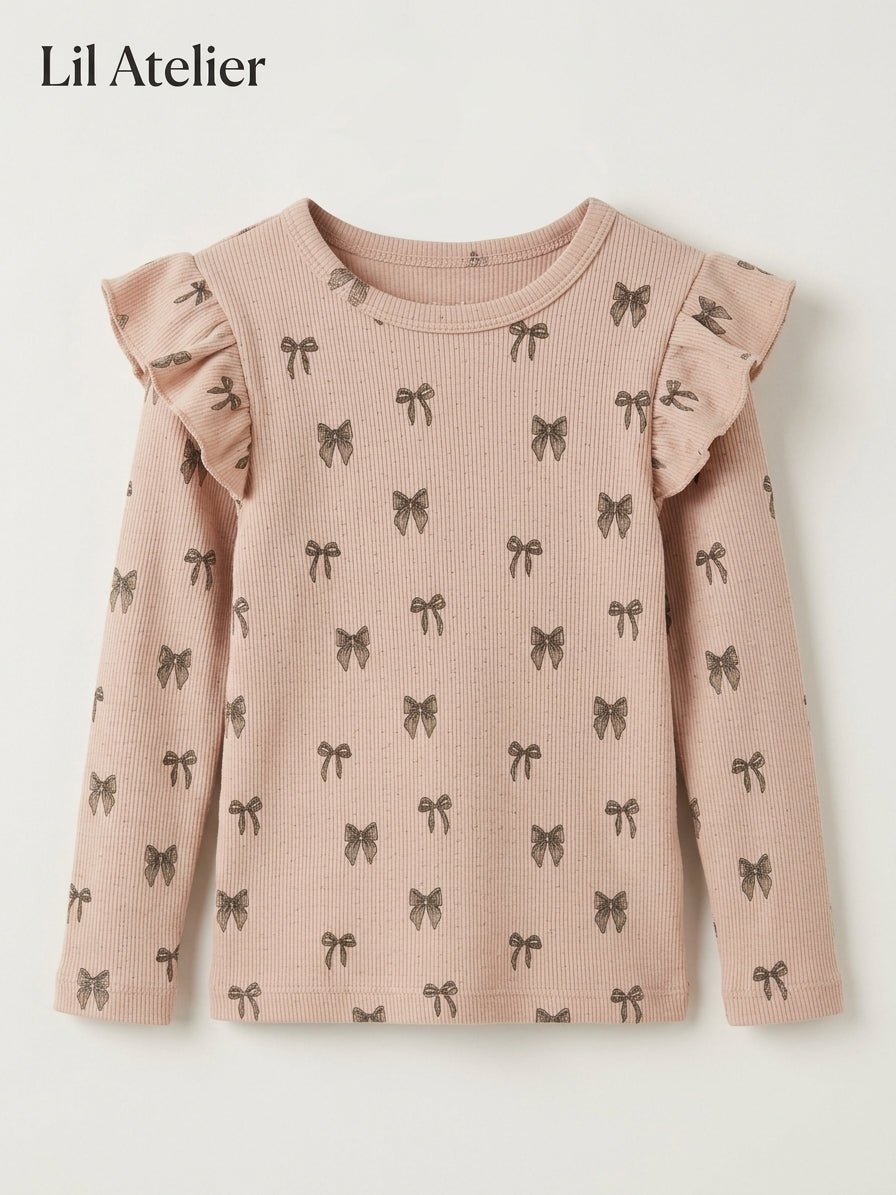 Girls Pink Bow Print Long Sleeve Top Lil Atelier (BG-000949)