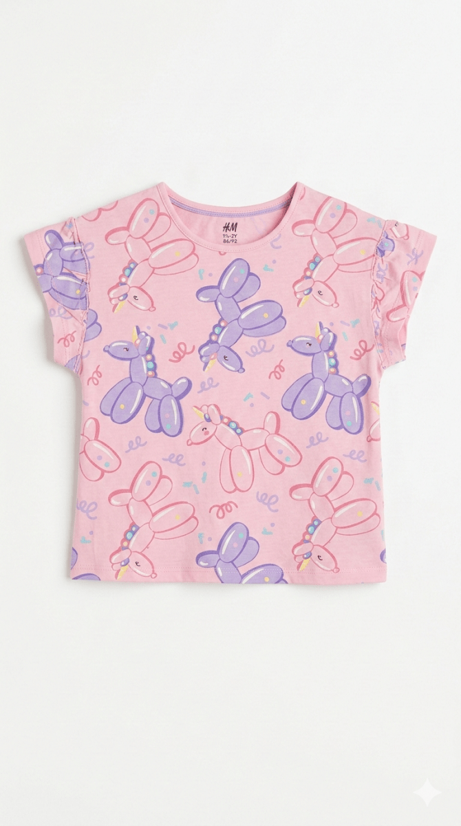 Girls Pink Shirt with Playful Unicorn Balloon Pattern (BG-000371)