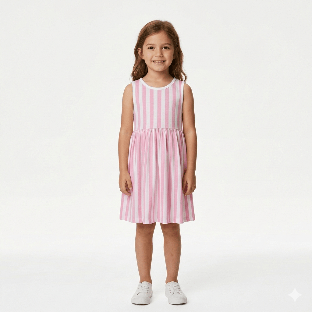 Girls Pink & White Striped Fit and Flare Dress (BG-000380) - blouse