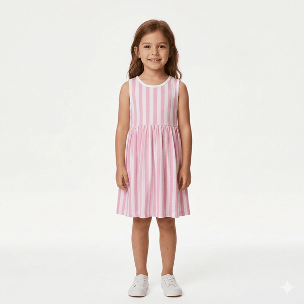Girls Pink & White Striped Fit and Flare Dress (BG-000380) - blouse