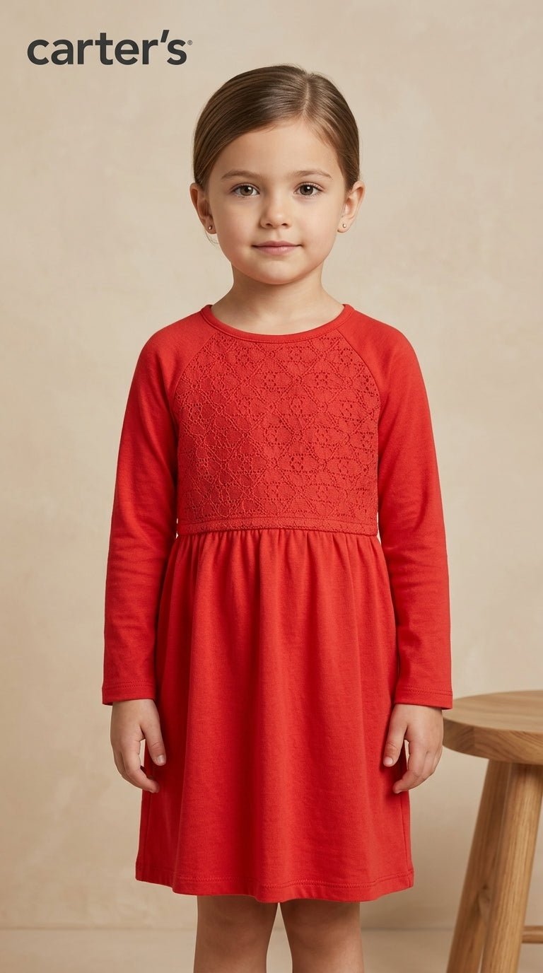 Girls Red Lace-Accent Long Sleeve Casual Dress Carter's (BG-000937)