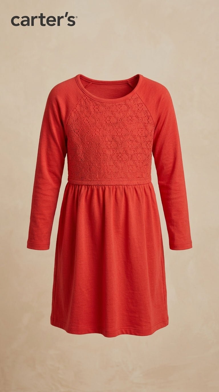 Girls Red Lace-Accent Long Sleeve Casual Dress Carter's (BG-000937)