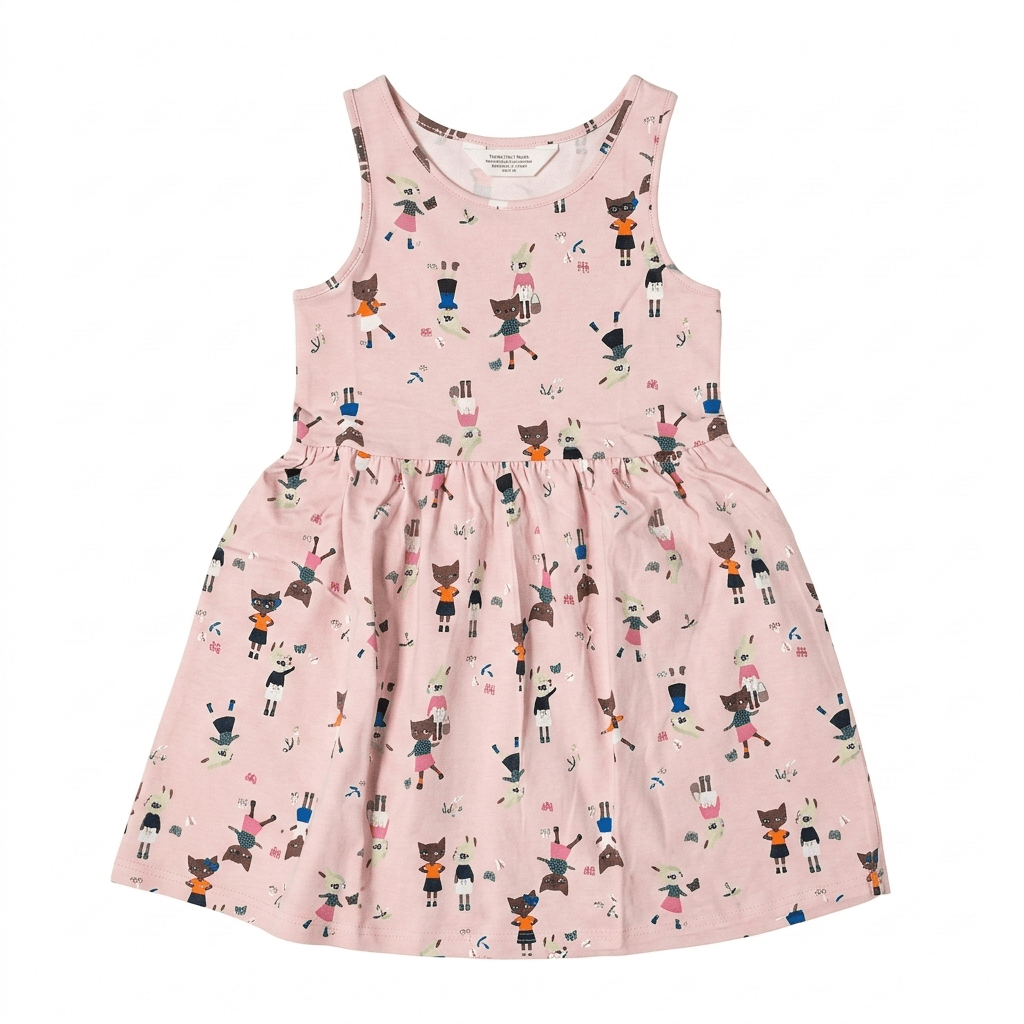Girls Sleeveless Dress in Pink & Cat Print (BG-000378) - blouse