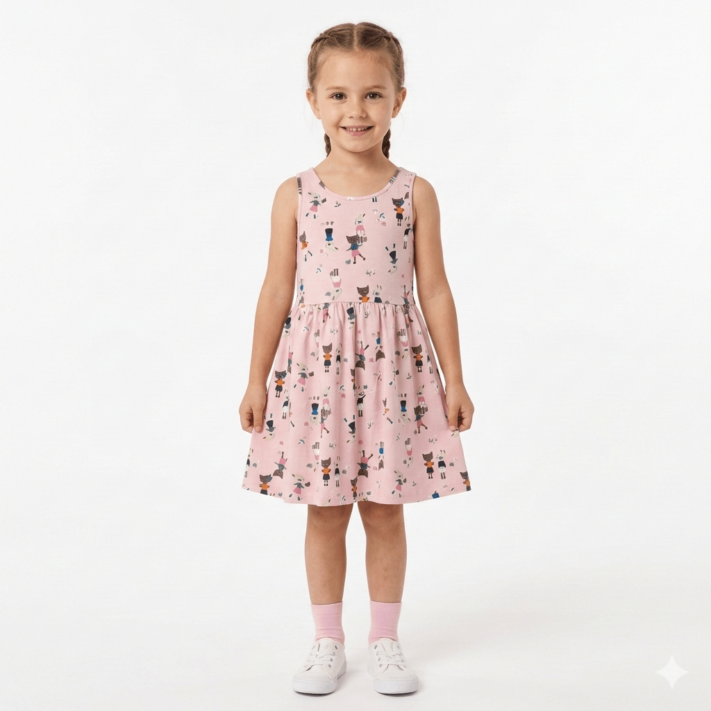 Girls Sleeveless Dress in Pink & Cat Print (BG-000378) - blouse