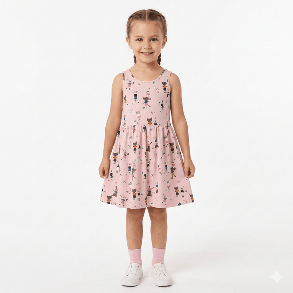Girls Sleeveless Dress in Pink & Cat Print (BG-000378) - blouse