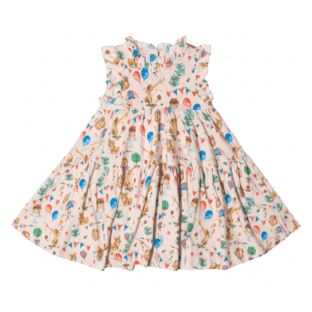 Girls Sleevesless Cream printed Frock with Frill Collar (BG-000387) - blouse