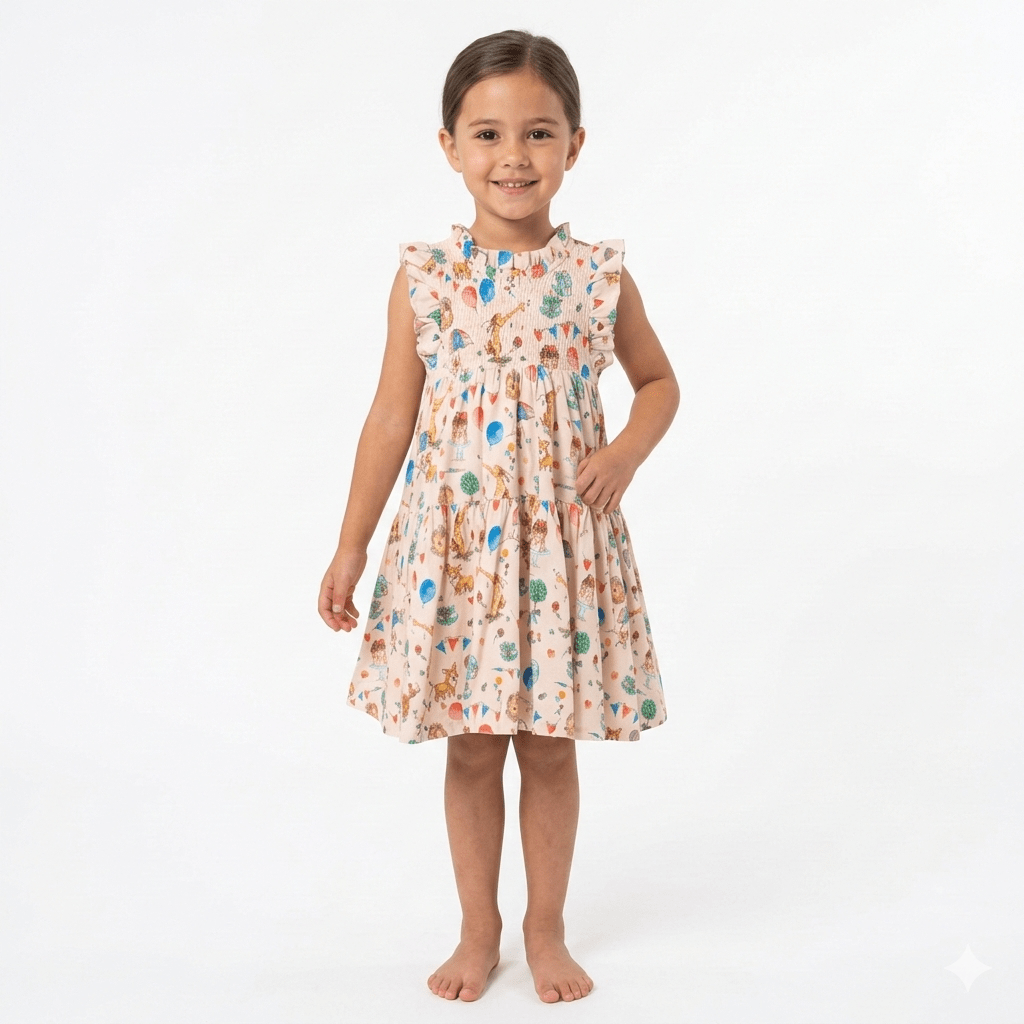 Girls Sleevesless Cream printed Frock with Frill Collar (BG-000387) - blouse