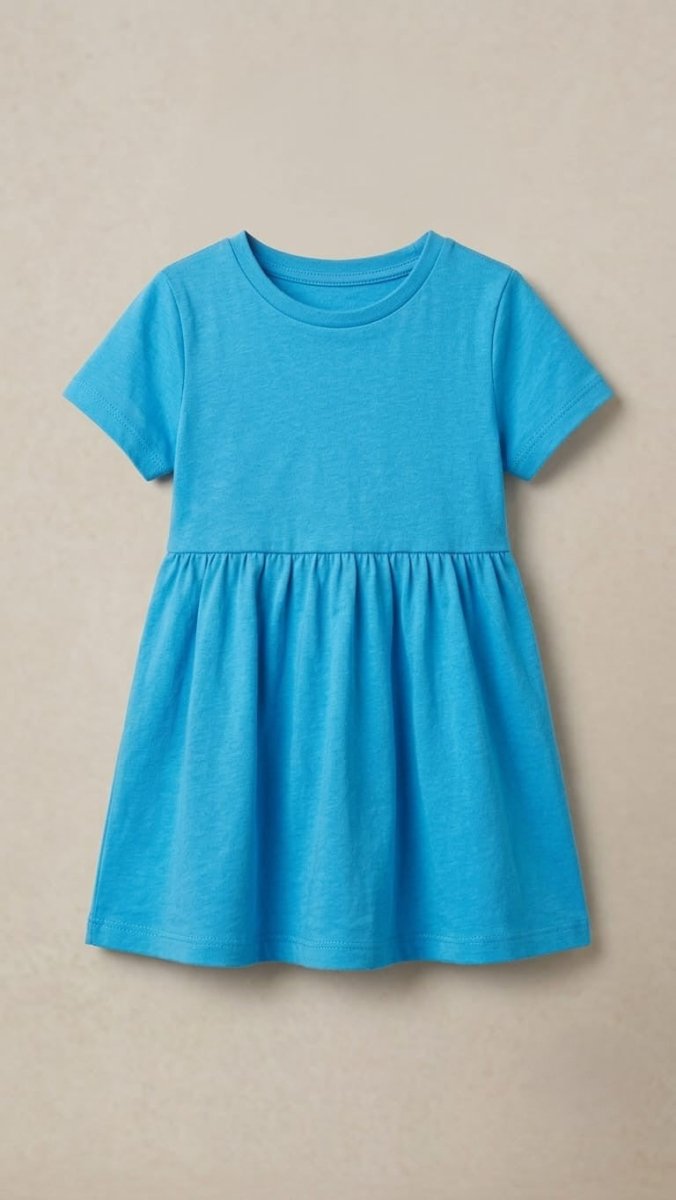 Girls' Solid Short Sleeve Gathered Waist Play Dress - Bright Blue (BG-000869) - frock