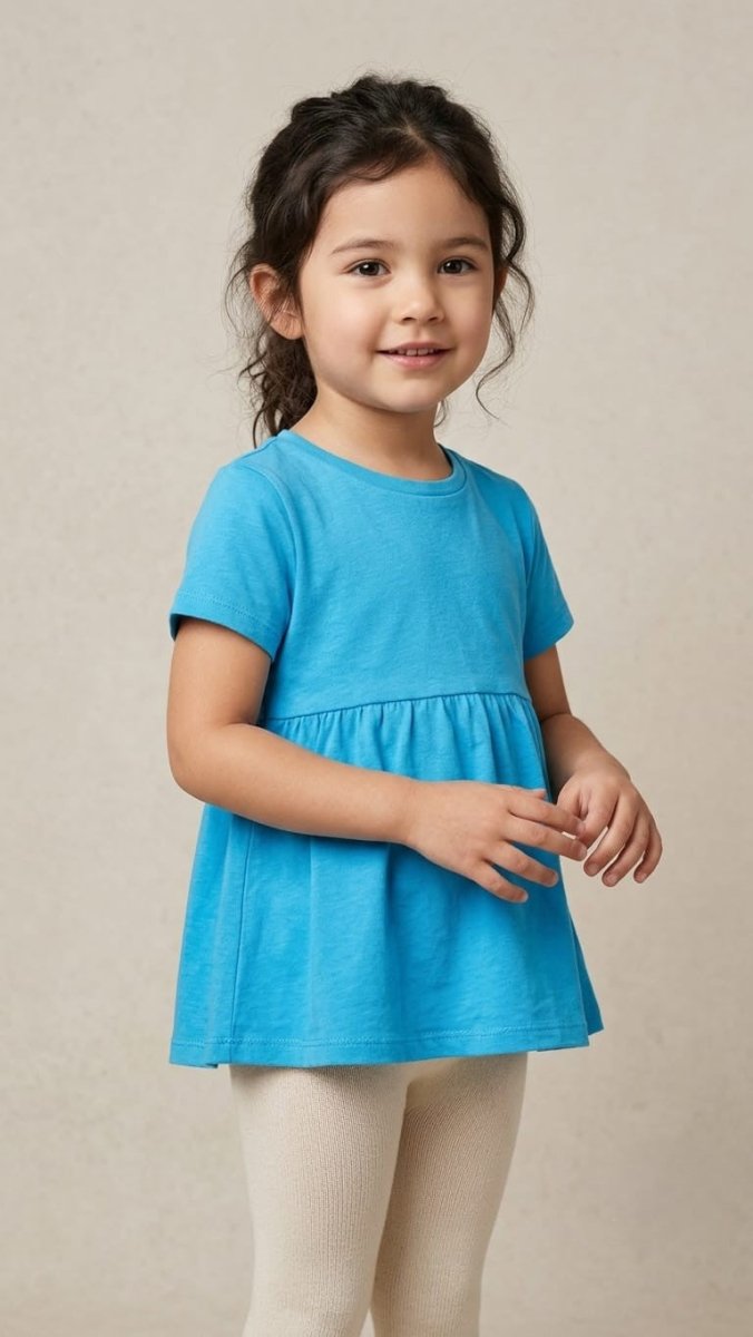 Girls' Solid Short Sleeve Gathered Waist Play Dress - Bright Blue (BG-000869) - frock