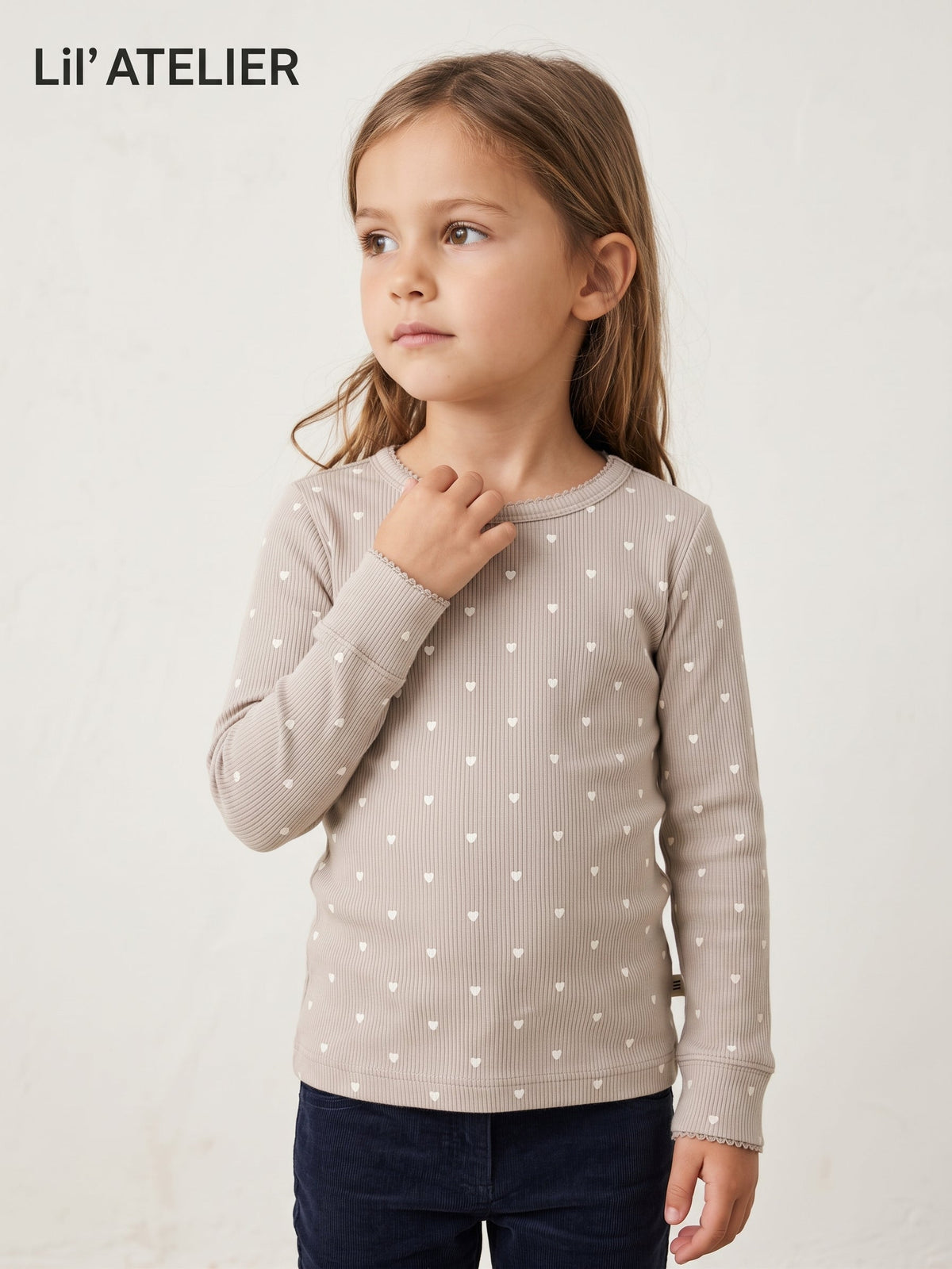 Girls Taupe All-Over Heart Print Ribbed Top Lil Atelier (BG-000948)