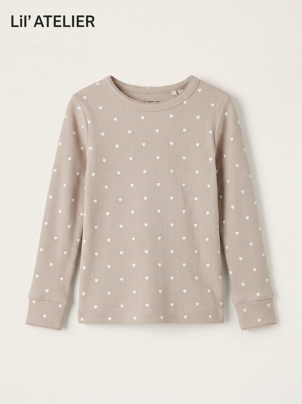 Girls Taupe All-Over Heart Print Ribbed Top Lil Atelier (BG-000948)