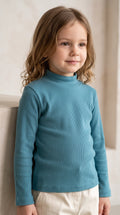 Girls Teal Blue Ribbed Mock-Neck Long-Sleeve Top (BG-000971)
