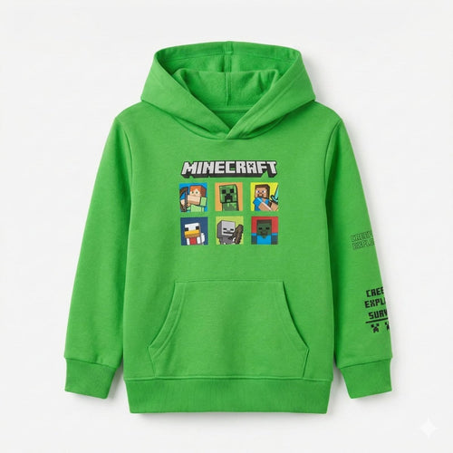 Green Cotton Minecraft Hoodie With Character Print (BG-000181) - boy hoodies