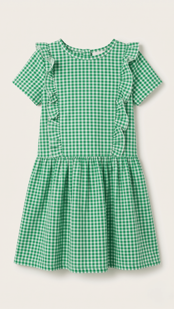 Green Gingham Frill Trim Drop-Waist Frock (BG-000649) - frock