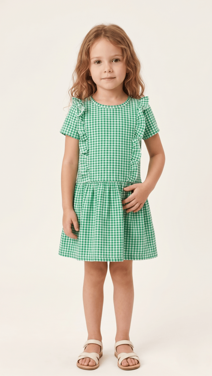 Green Gingham Frill Trim Drop-Waist Frock (BG-000649) - frock