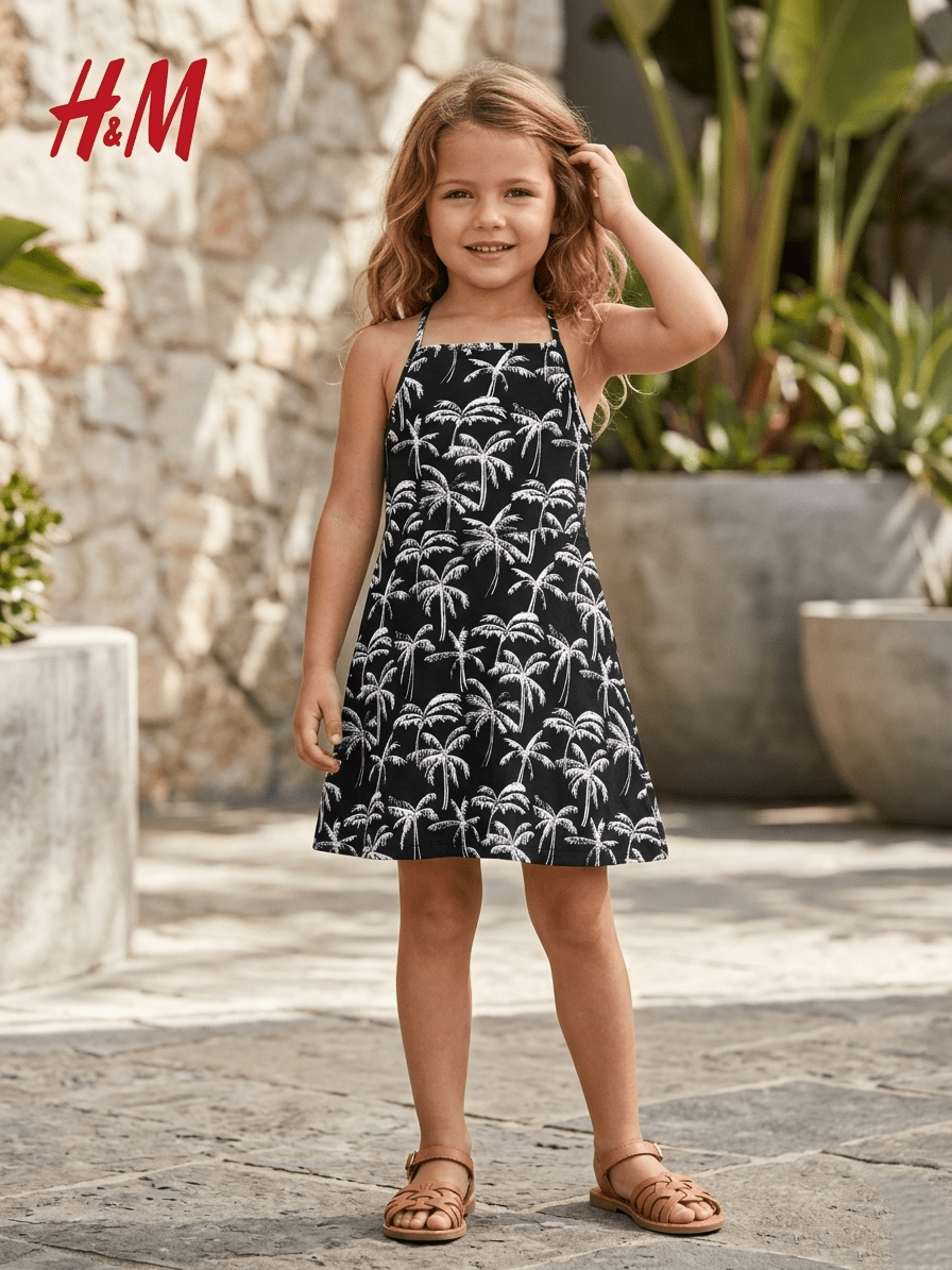 H&M BLACK FROCK WITH WHITE FLOWERS PRINT (BG-000790) - frock