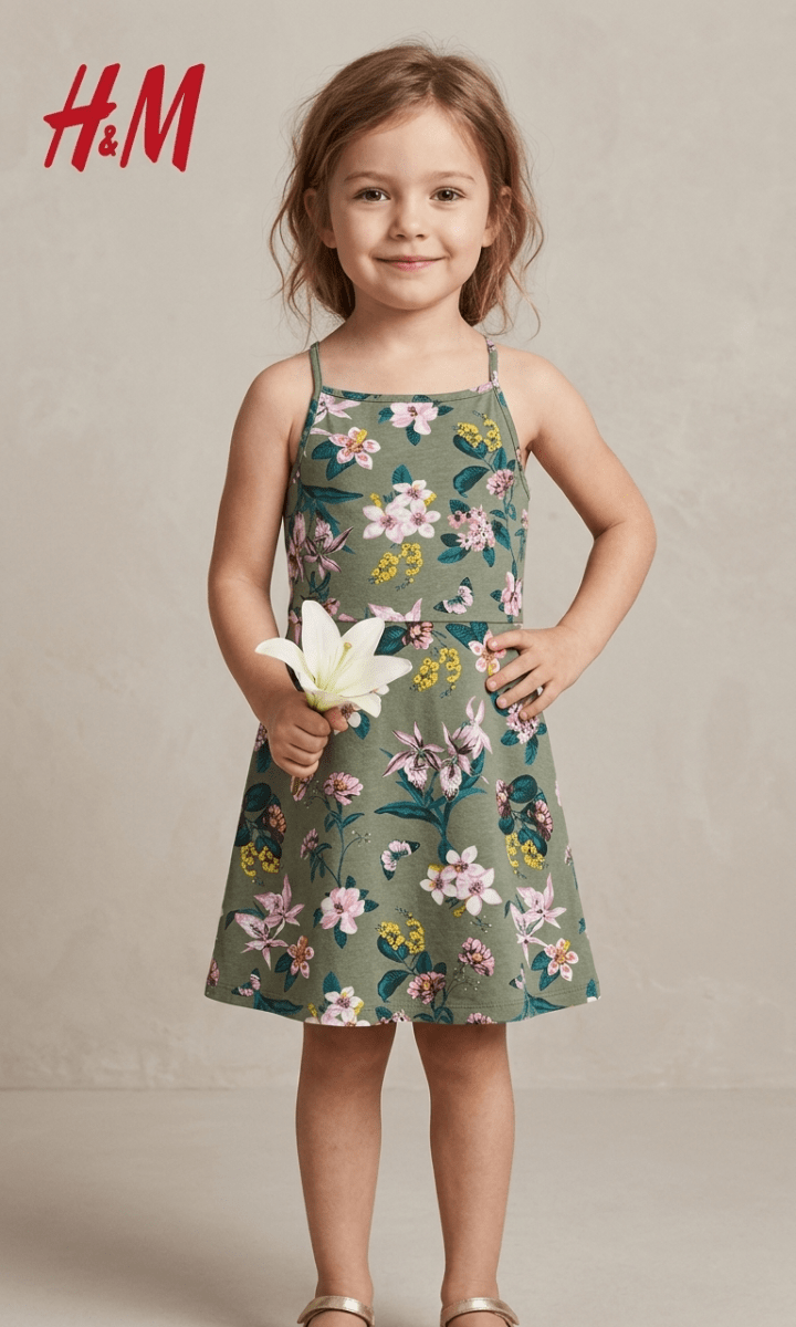 H&M GREEN FROCK WITH FLOWERS PRINT (BG-000776) - frock