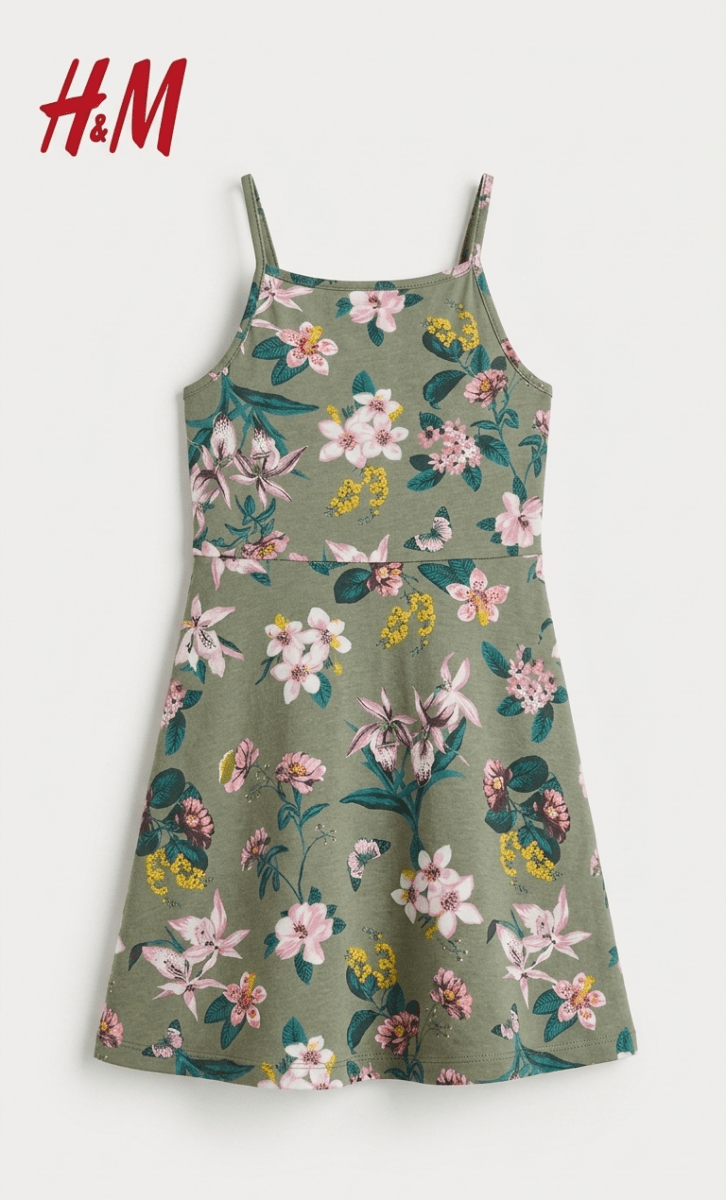 H&M GREEN FROCK WITH FLOWERS PRINT (BG-000776) - frock