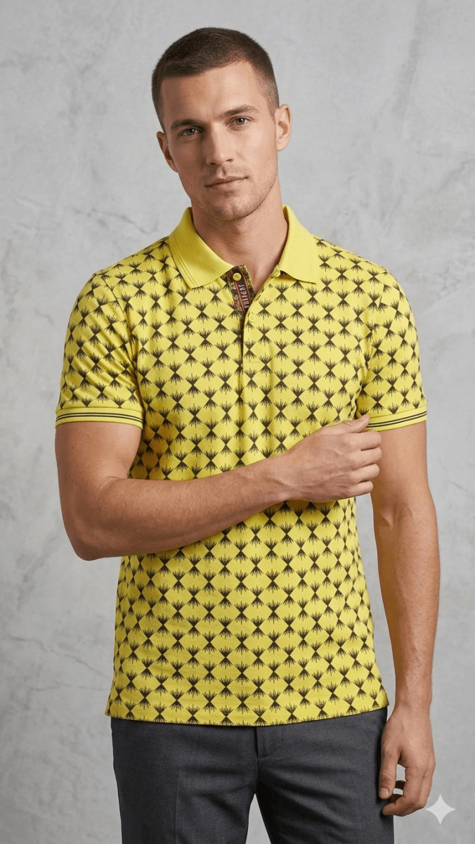 JUPITER POLO YELLOW WITH BLACK PRINT ON WHOLE SHIRT (BG-000738) - men shirts
