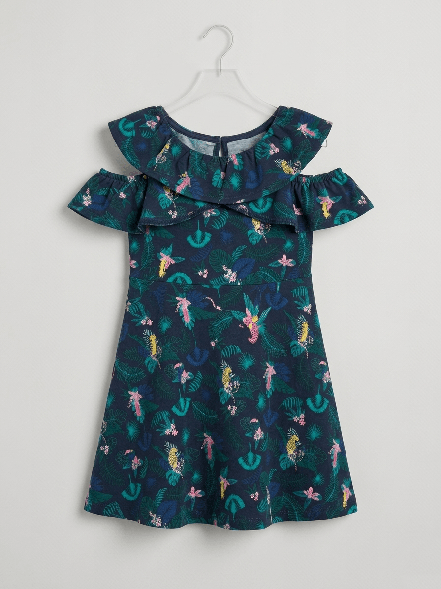 KIABI NAVY BLUE FROCK WITH COLORFUL FLOWERS (BG-000788) - frock