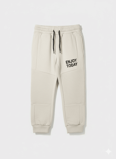 Kids' Beige Ribbed Knee Joggers with "Enjoy Today" Print  (BG-000001)