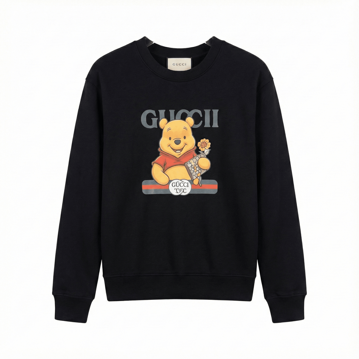 Kids Black Crewneck Sweatshirt - Cute Bear & Flower Graphic Print (BG-000059)