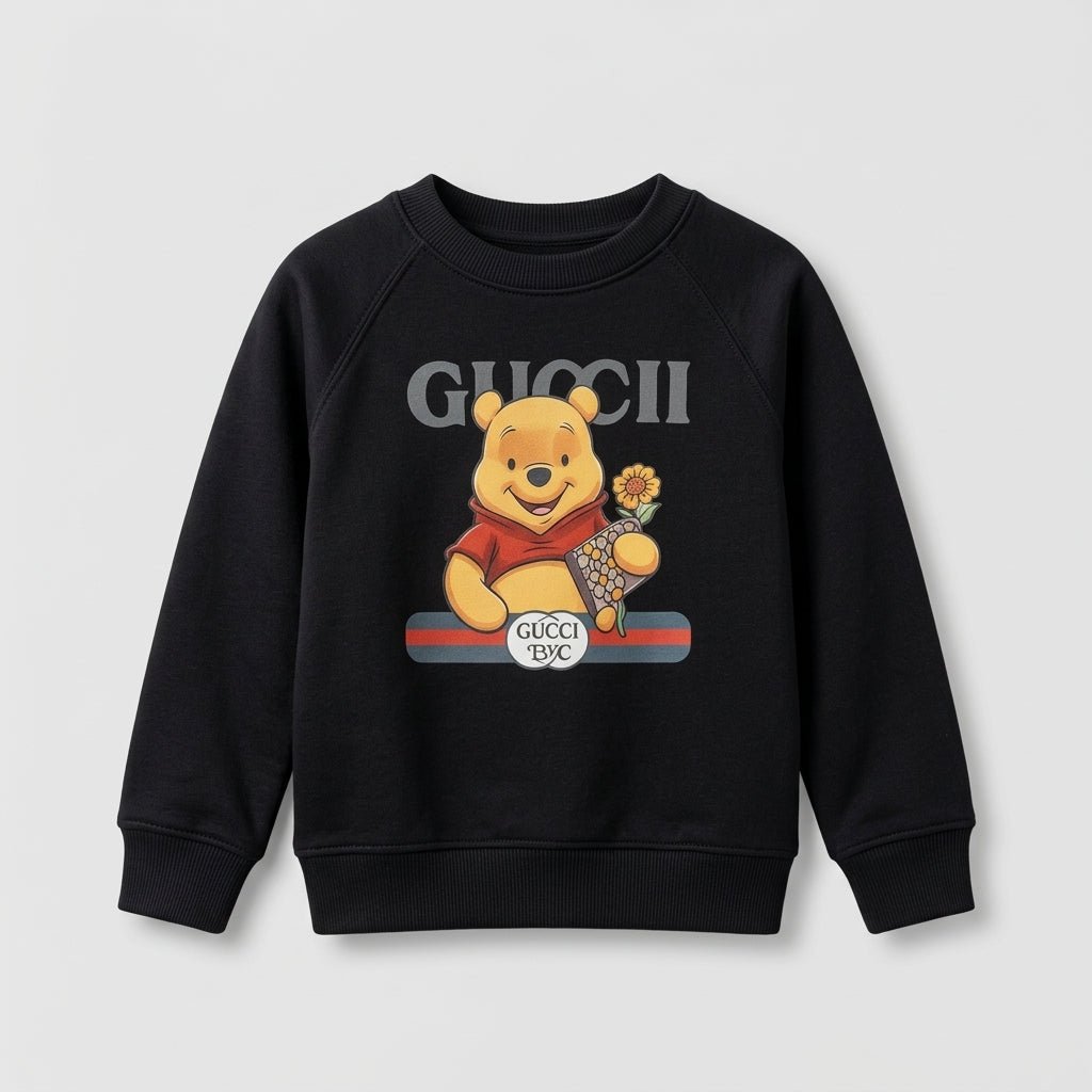 Kids Black Crewneck Sweatshirt - Cute Bear & Flower Graphic Print (BG-000059)