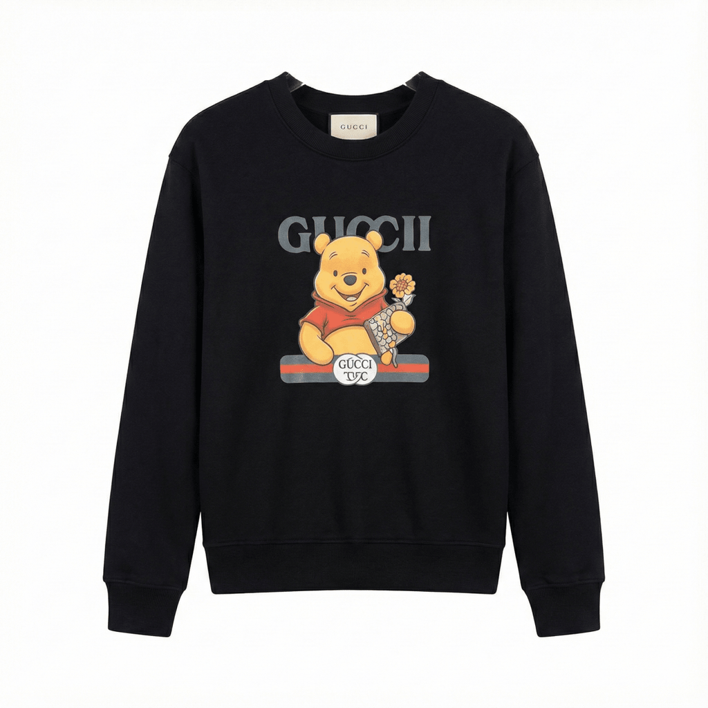 Kids Black Crewneck Sweatshirt - Cute Bear & Flower Graphic Print (BG-000059)