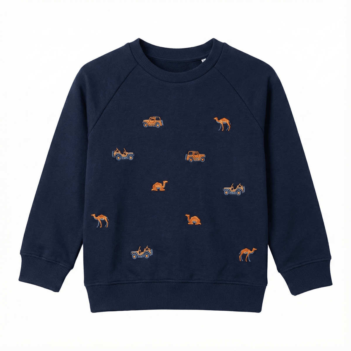 Kids Blue Embroidered Safari Sweatshirt - Jeeps & Camels Pattern (BG-000047)