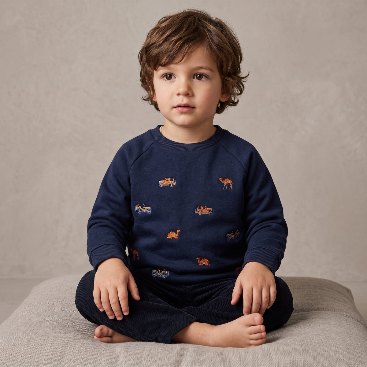 Kids Blue Embroidered Safari Sweatshirt - Jeeps & Camels Pattern (BG-000047)