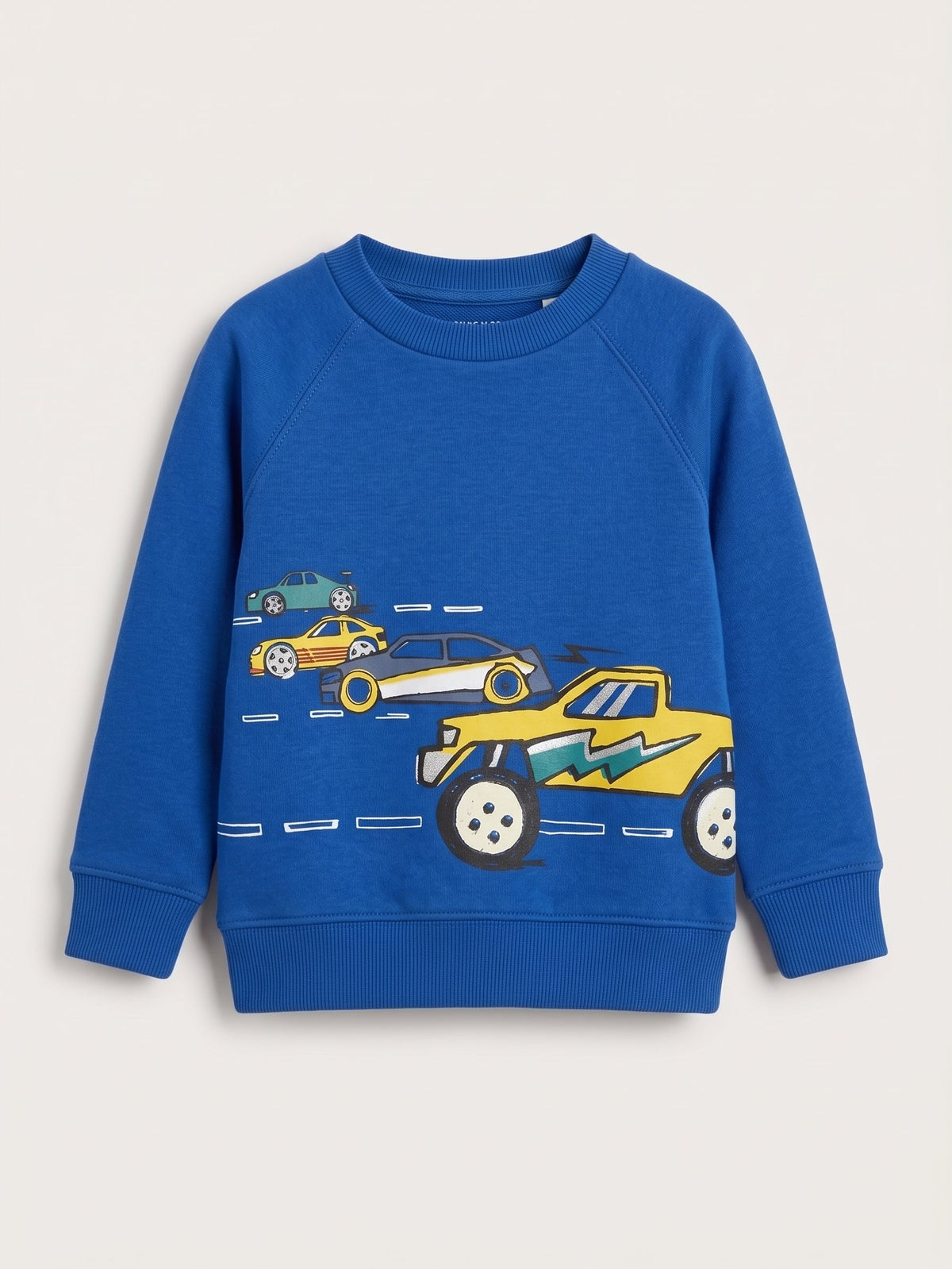 Kids Bright Blue Sweatshirt - Monster Truck & Race Car Graphic (BG-000057)