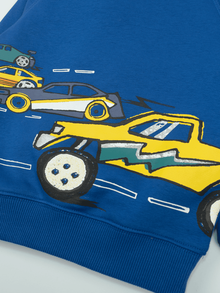 Kids Bright Blue Sweatshirt - Monster Truck & Race Car Graphic (BG-000057)